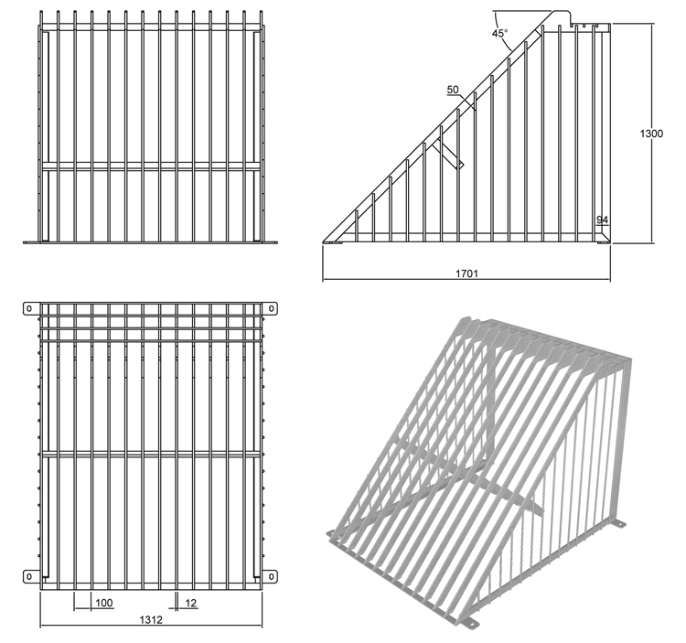 800mm Cage Trash Screen with Catwalk line drawing