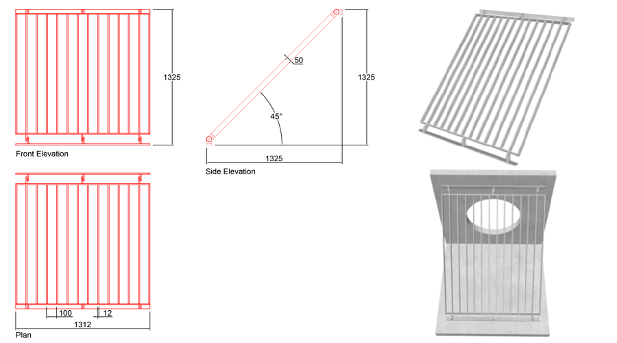 825mm Sloped Trash Screen 45 Degrees line drawing