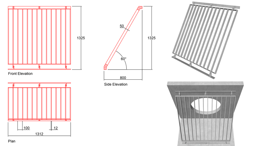 825mm Sloped Trash Screen 60 Degrees line drawing