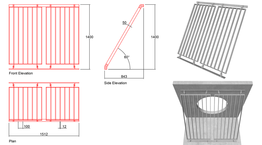 900mm Sloped Trash Screen 60 Degrees line drawing