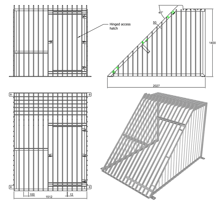 900mm Cage Trash Screen with Catwalk line drawing