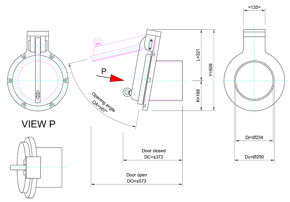 250mm PTK-P Pipe Mounted Flap Valve line drawing