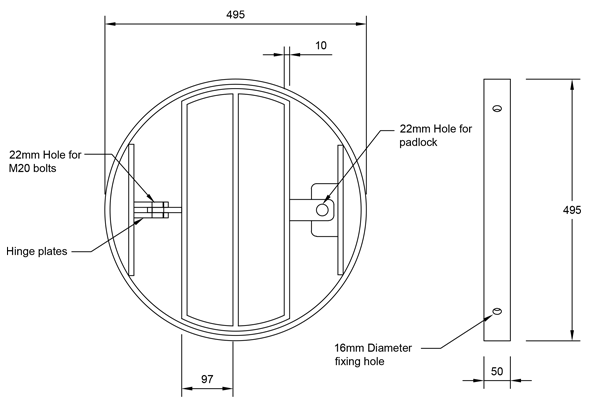 500mm Pipe Mounted Grating line drawing