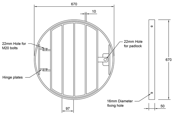 675mm Pipe Mounted Grating line drawing
