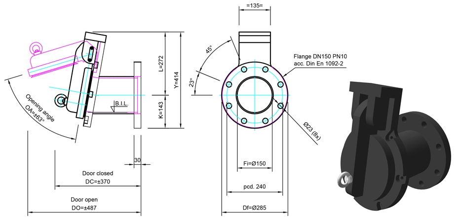 150mm Flange Mounted Flap Valve line drawing